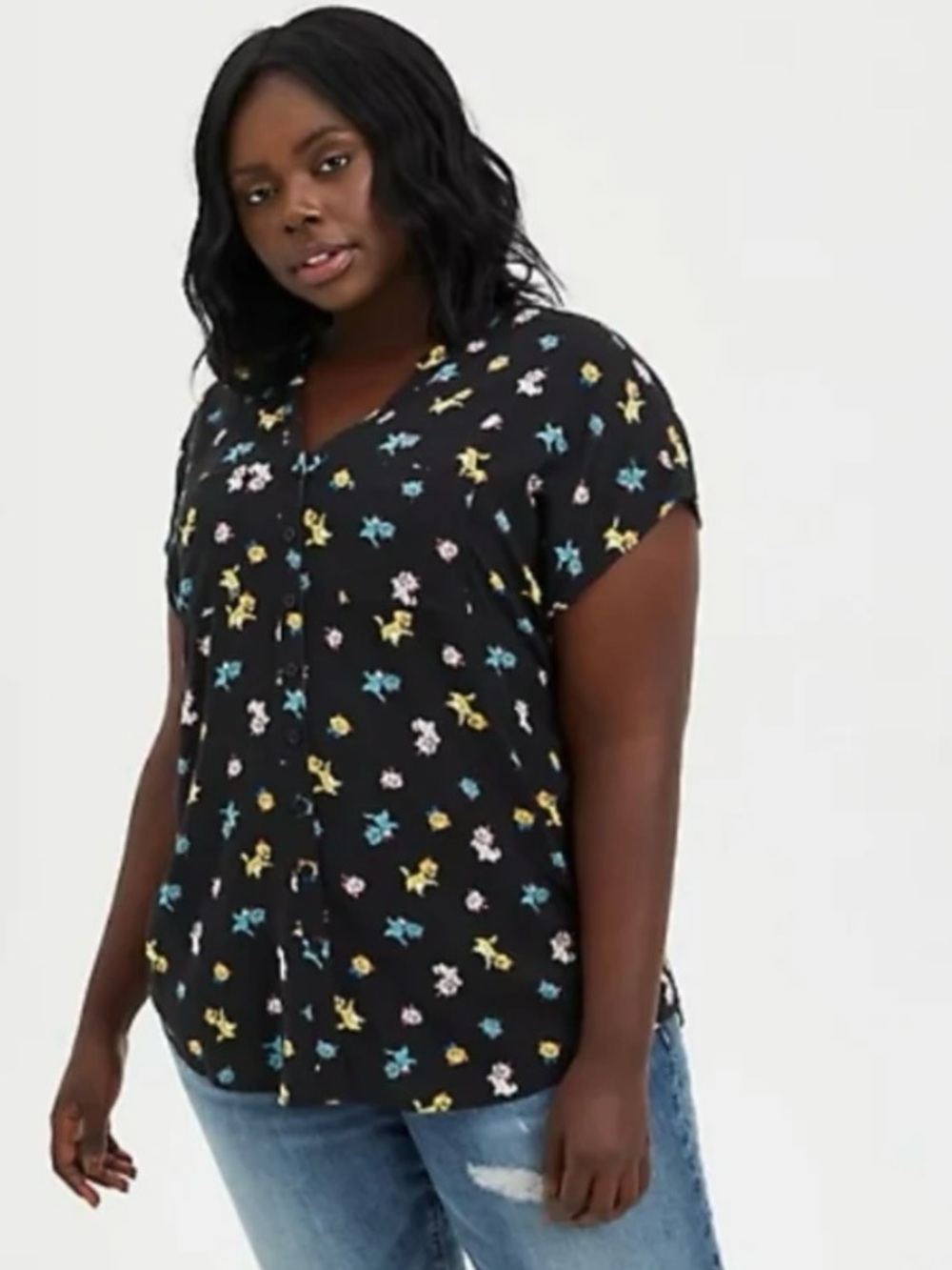 Disney Black Short-Sleeve Kids Blouse with Multicolor Character Print